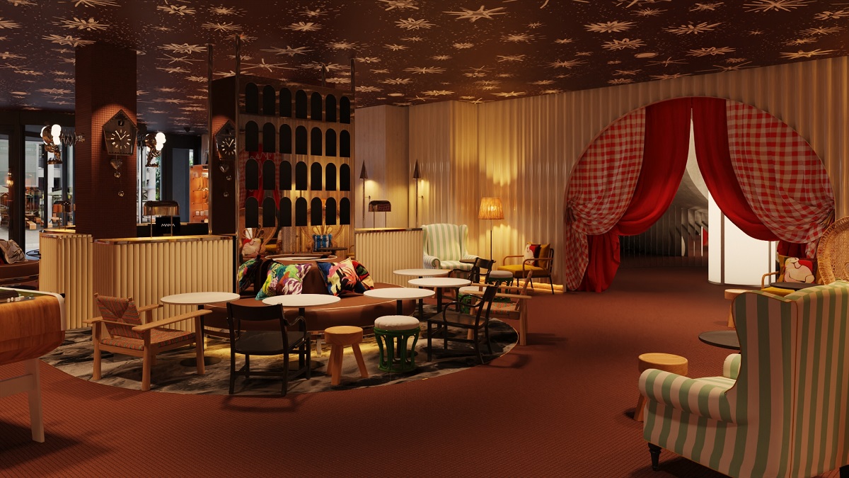 patterned ceiling, draped doorway and clock motifs in the lobby of Mama shelter Zurich