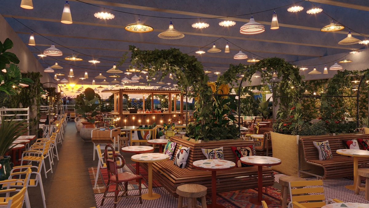 an eclectic mix of lighting above restaurant seating in Mamas Garden