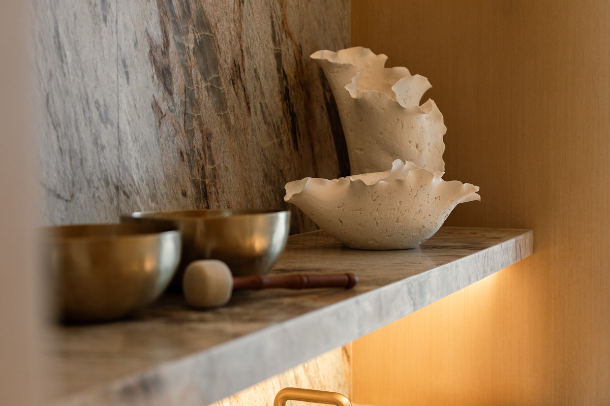 a marble shelf in the Asaya treatment room with curated objets