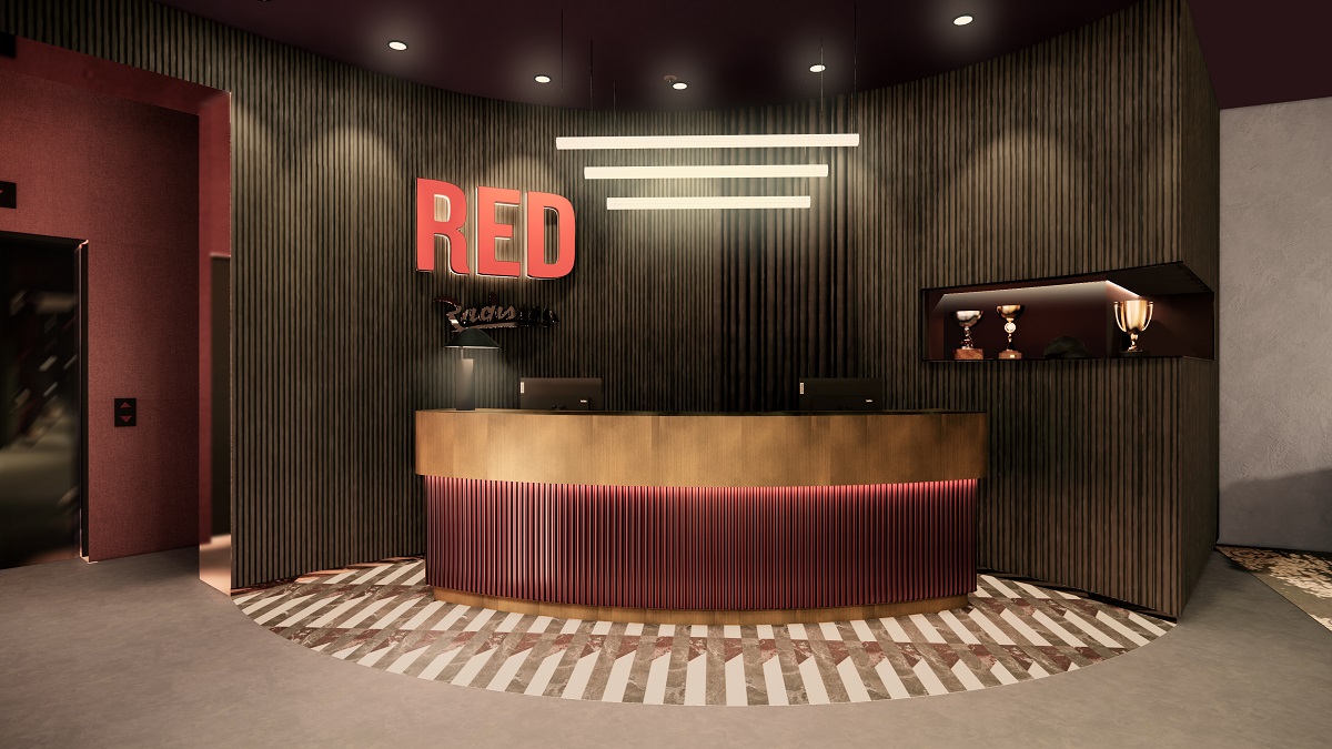 reception desk with RED branding above