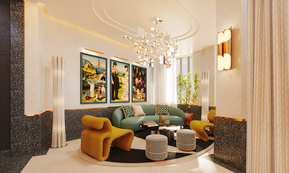 reception and lounge area in W Florence with contemporary furniture under round period ceiling detail and chandelier