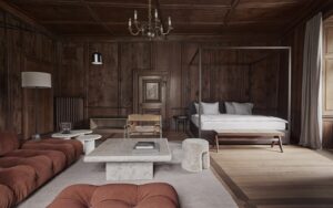 guestroom in Schloss Schauenstein with wood panelling and contemporary four poster bed