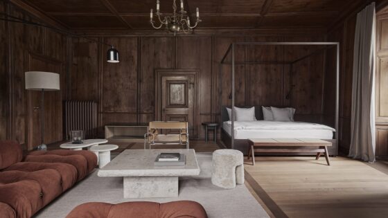 guestroom in Schloss Schauenstein with wood panelling and contemporary four poster bed