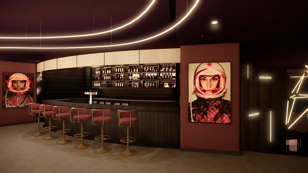 bar in The Clubhouse Radisson RED Twickenham with graphic astronaut images on the wall