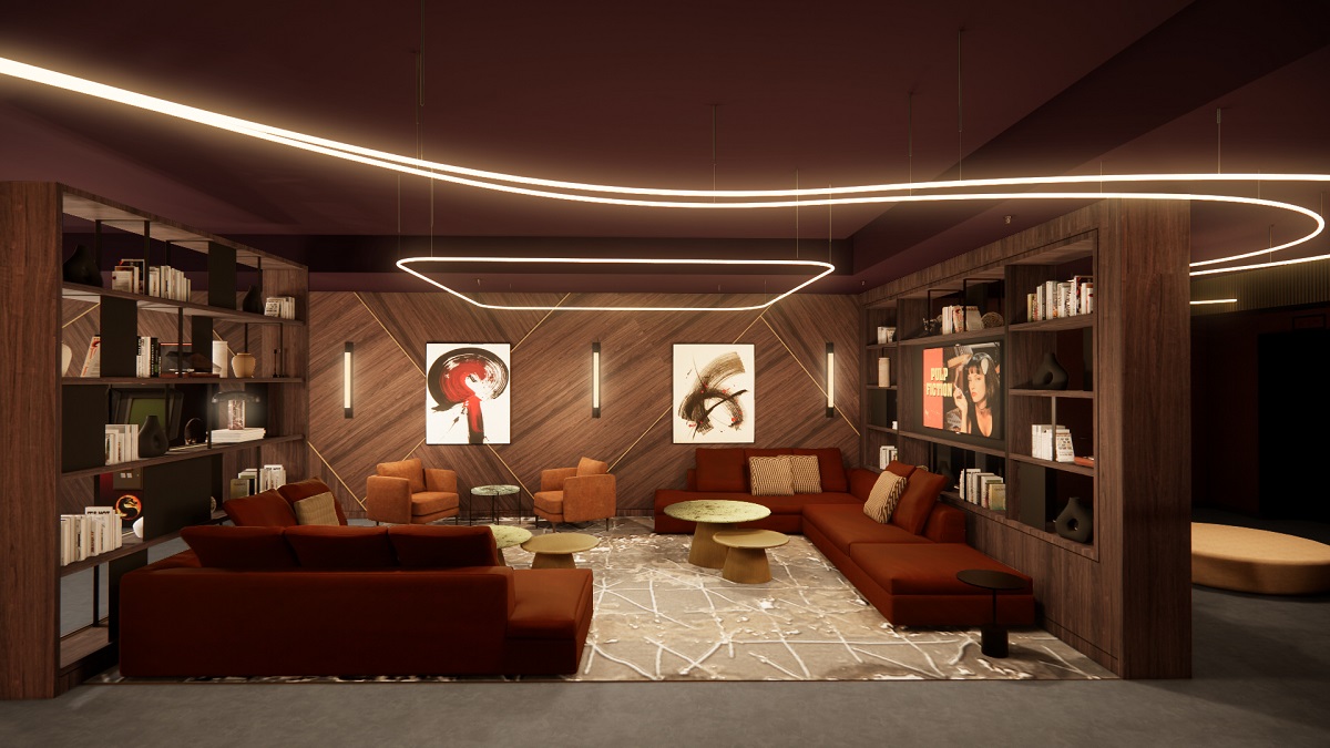 dark colours and bold graphic art in The clubhouse design in Radisson RED Twickenham