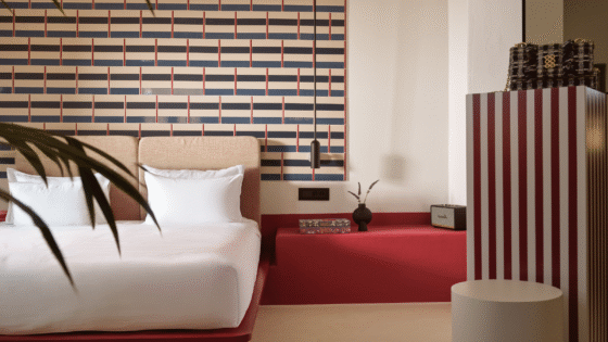 red stripes and natural materials in new boutique retreat Neema Maison Finikia Santorini from domes