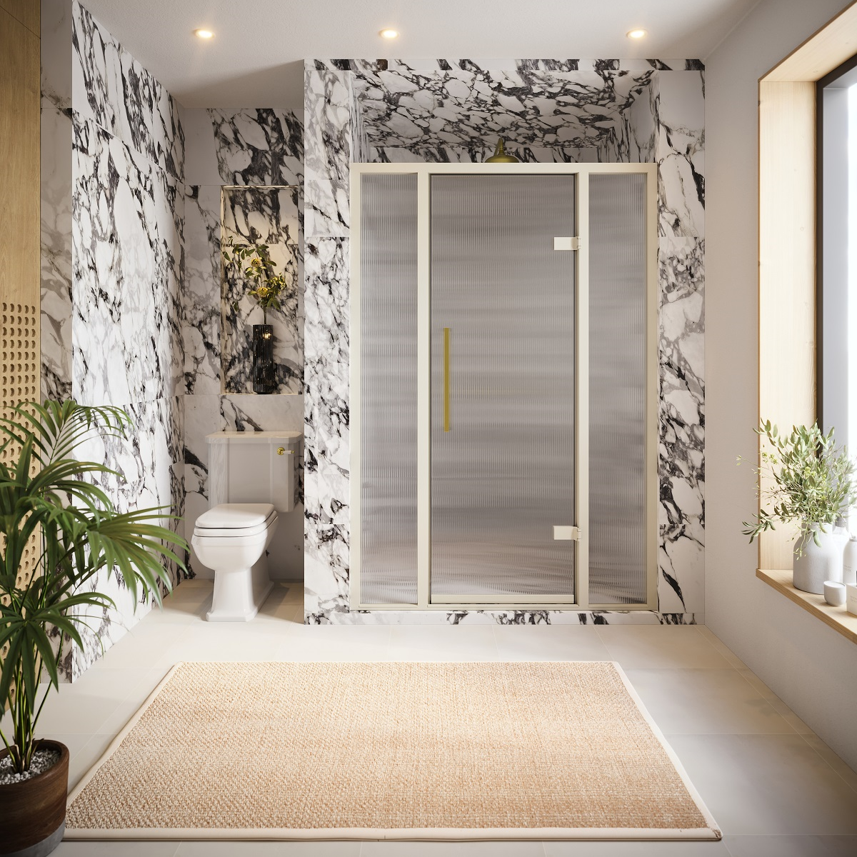 bathroom with corner shower cubicle with glass door