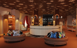 circular seating and patterned ceiling in the lobby of Mama Shelter zurich