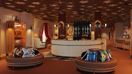 circular seating and patterned ceiling in the lobby of Mama Shelter zurich