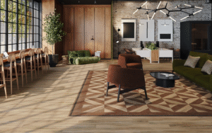 amtico gatsby square on the floor with leather chairs and patterned carpet
