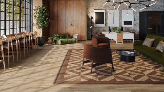 amtico gatsby square on the floor with leather chairs and patterned carpet