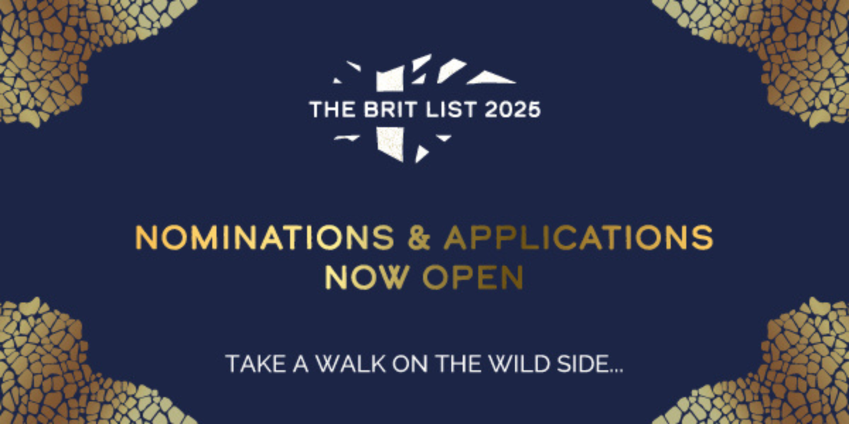 Navy blue banner with animal print corners and brit list awards 2025