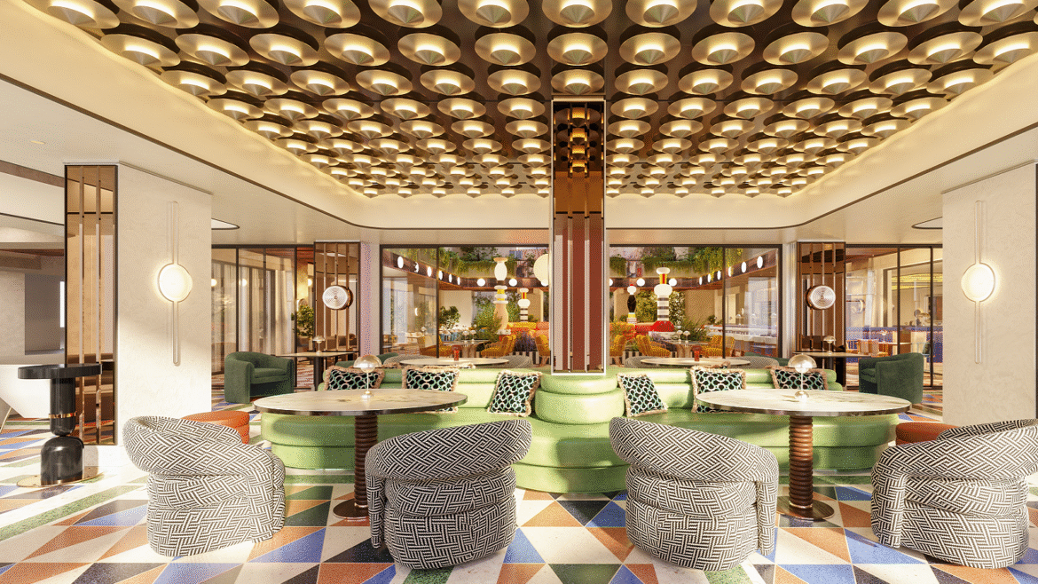 W Florence lounge with seating on bright patterned floor