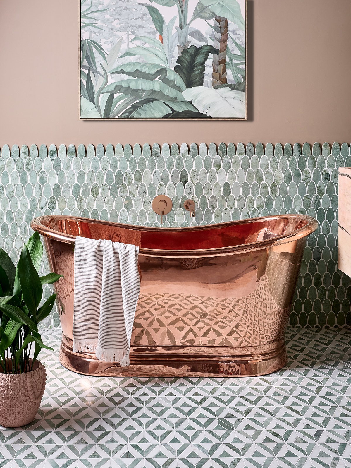 copper bath on tiled floor