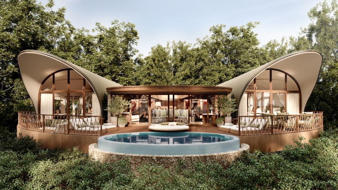 The Ritz-Carlton, Masai Mara Safari Camp - two tented domes formulate the east and west residences while a circular pool sits between, with alounge area behind