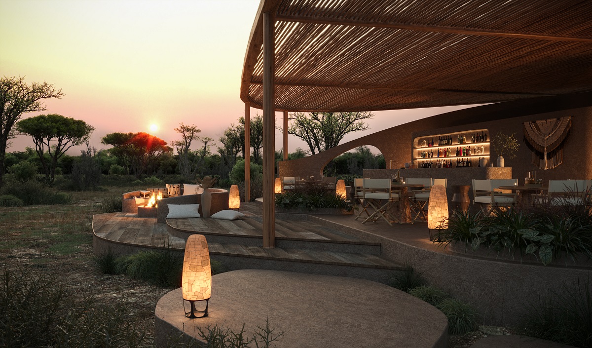 curved concrete floor and wood ceiling in safari lodge club house Uburu