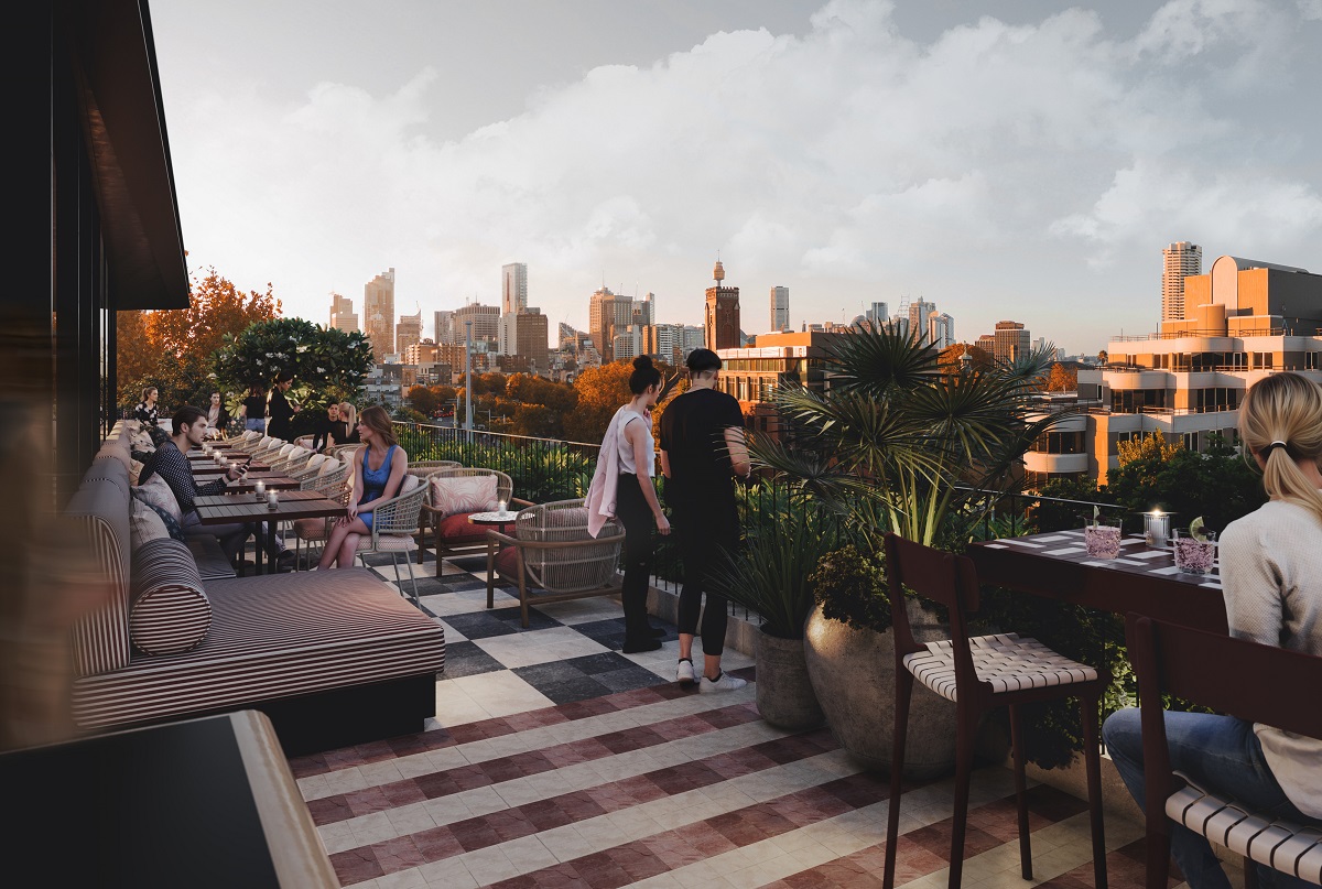 guests on the rooftop bar, Monica in Sydney at 25 Hours Hotel the Olympia