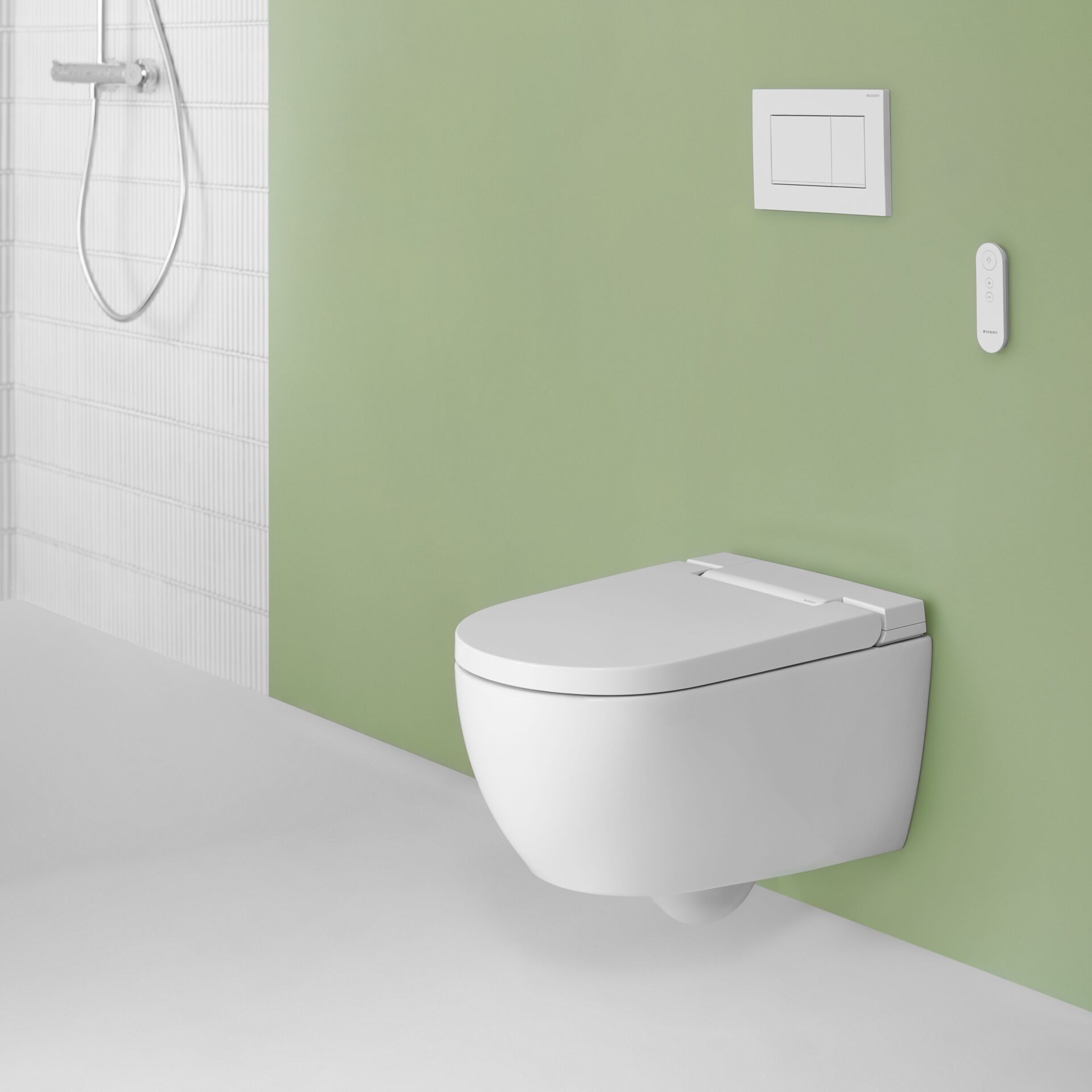Geberit AquaClean Alba shower toilet with Sigma 20 flushplate set against green wall