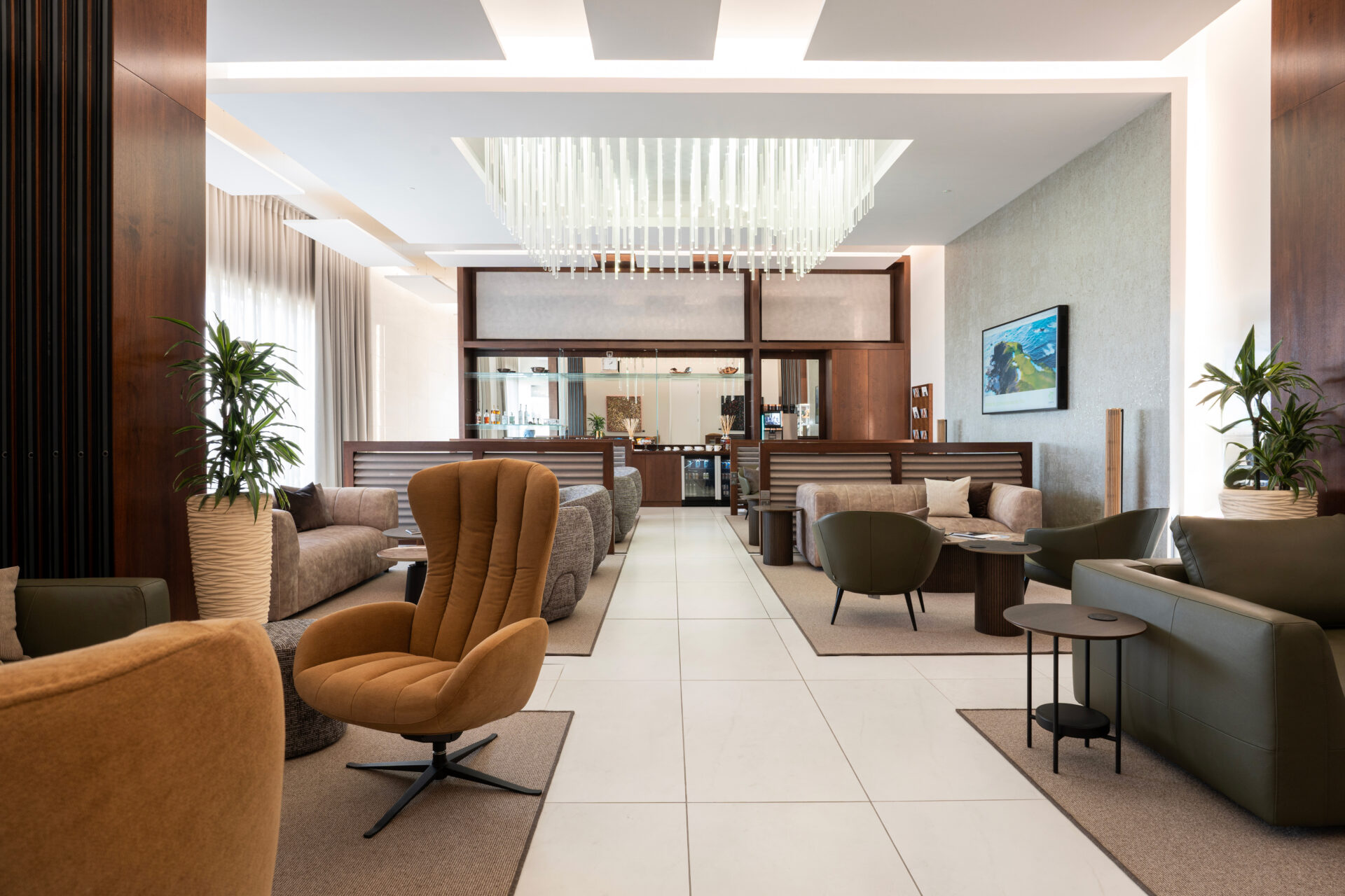 The Brompton Lounge in the Stansted Lounge for Harrods Aviation, designed by BoConcept Trade & Contract, featuring a diverse range of material selection