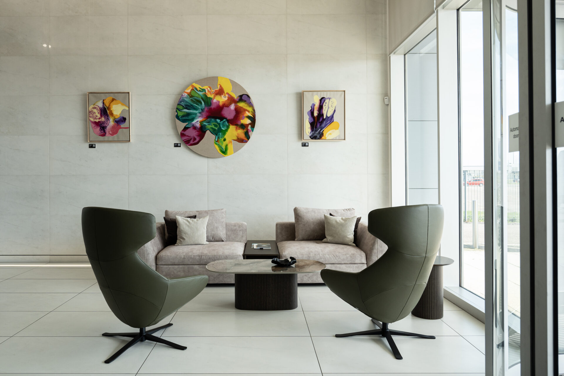 The Brompton Lounge in the Stansted Lounge for Harrods Aviation, designed by BoConcept Trade & Contract, featuring a diverse range of material selection