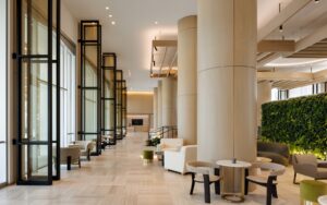 high volume columns and windows in lobby of Fairmont Century Plaza