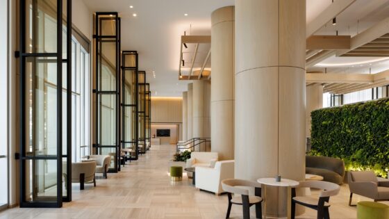 high volume columns and windows in lobby of Fairmont Century Plaza