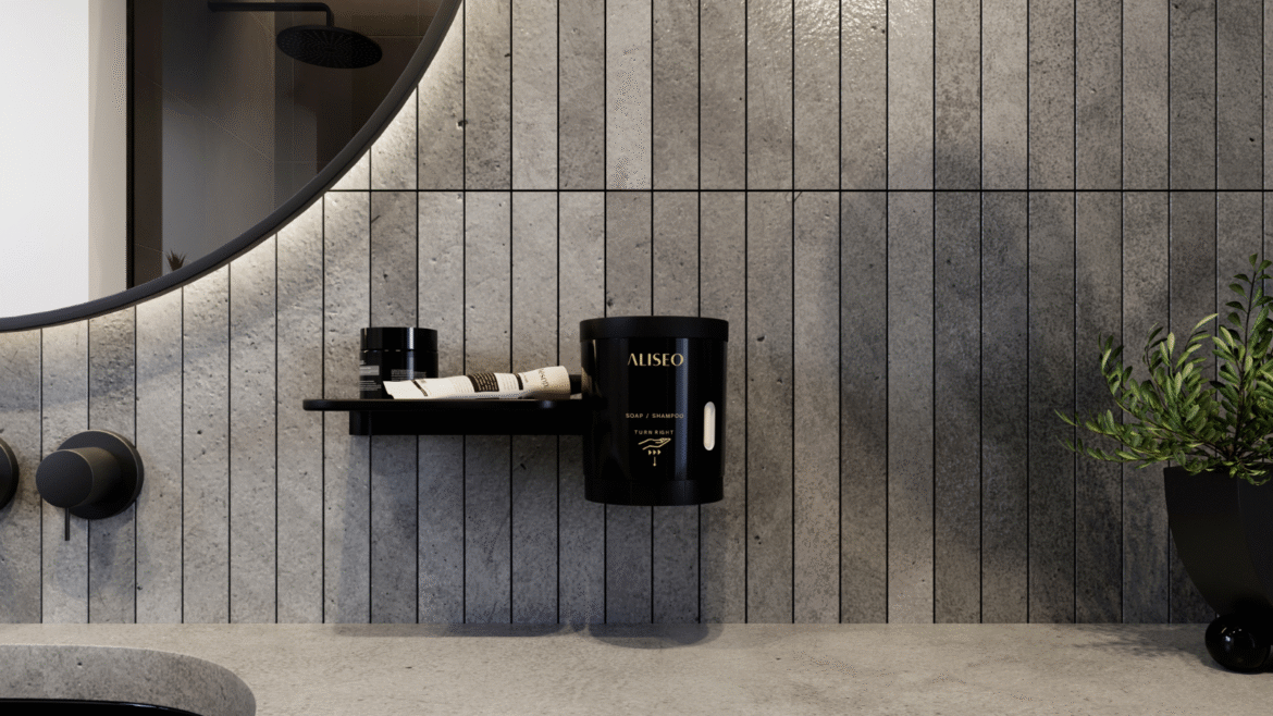 Flaky soap grinder and dispenser by ALISEO, in black on grey tile background