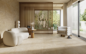 RAK Ceramics surfaces in beige tones, with cream furniture