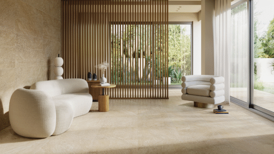 RAK Ceramics surfaces in beige tones, with cream furniture