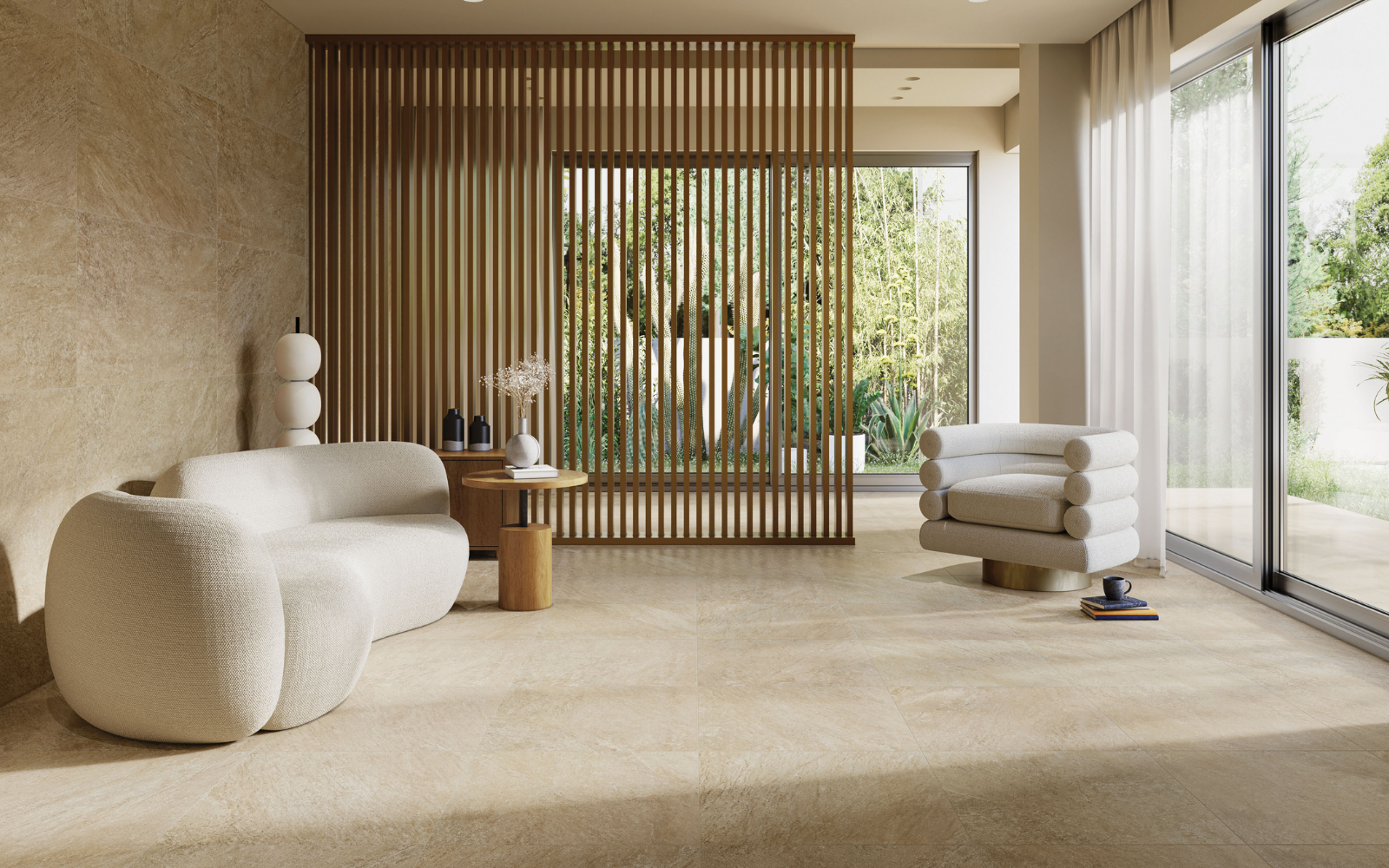 RAK Ceramics surfaces in beige tones, with cream furniture