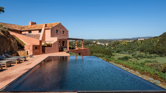 Infinity pool infront of Vale Palheiro Earth Resort, built into Portuguese hillside