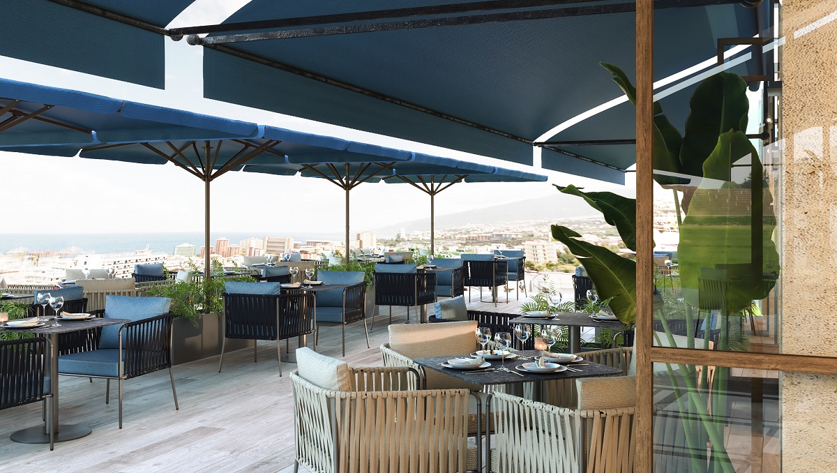 restaurant on hotel roof terrace with view across Tenerife