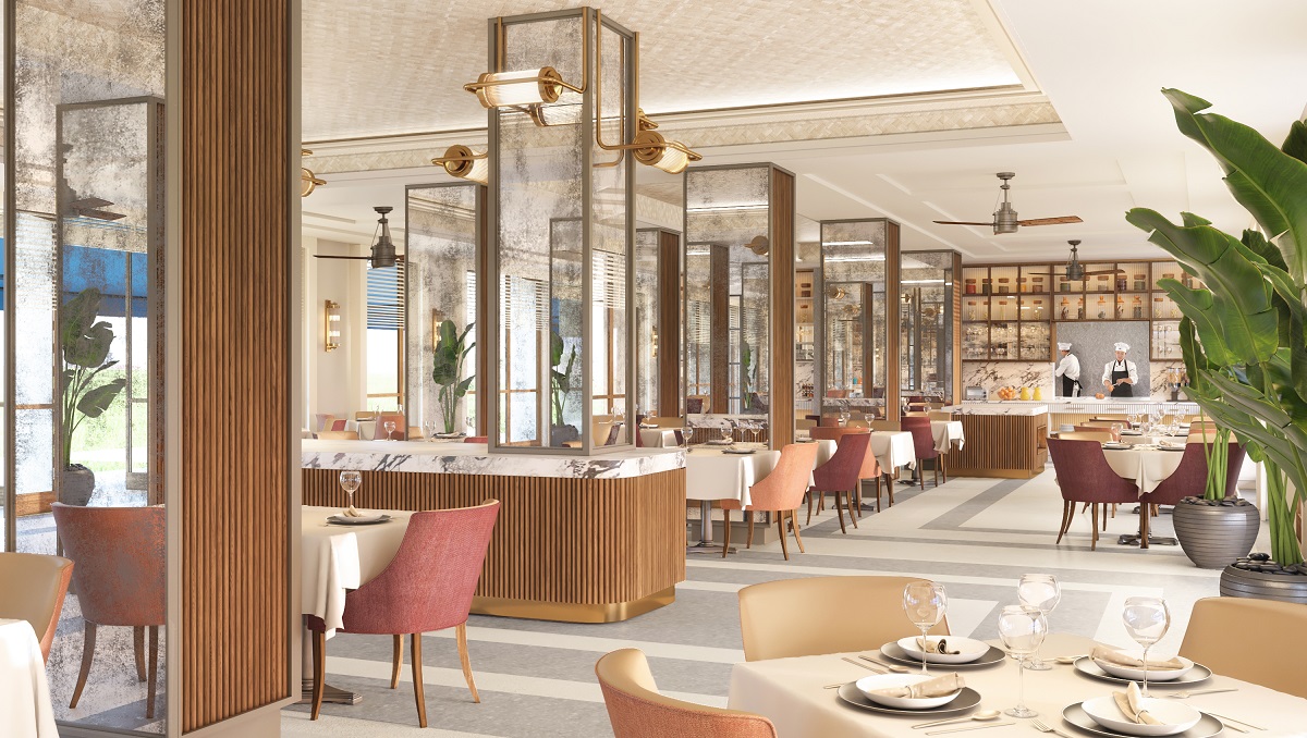 tables and seating in hotel restaurant with mirrored columns