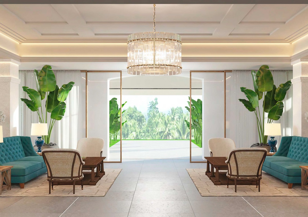two chairs in Gran Hotel Taoro lobby facing entrance with view on to tropical Tenerife garden