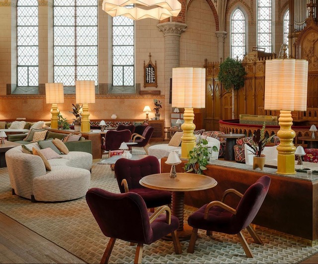 Safi Large Ceramic Table Lamp with Fabric Shade in Soho House, Stockholm, Sweden