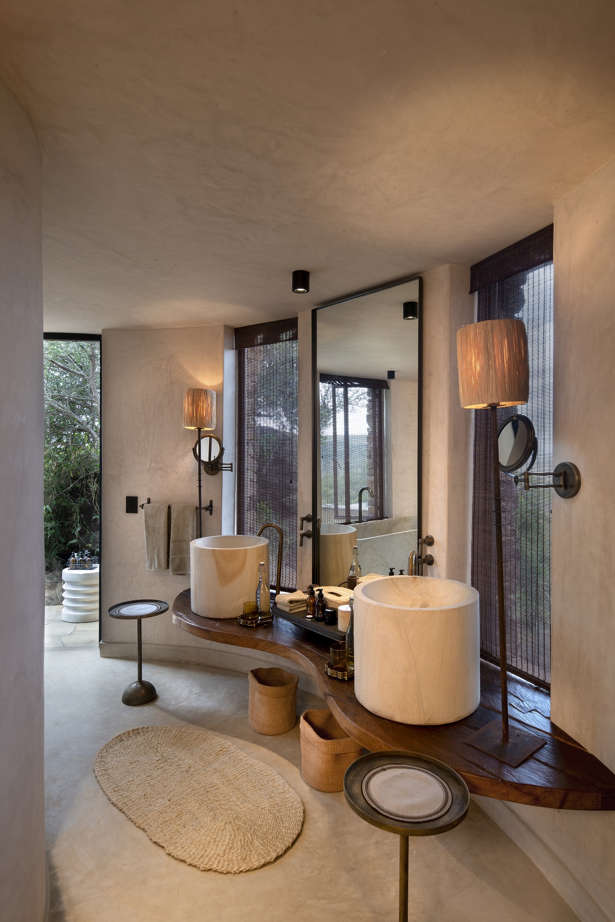 curved wooden vanity in bathroom in Suyian Lodge