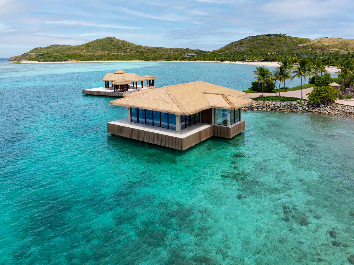 an aerial overwater view of OBMI's climate-resilient Sundara Spa at Oil Nut Bay