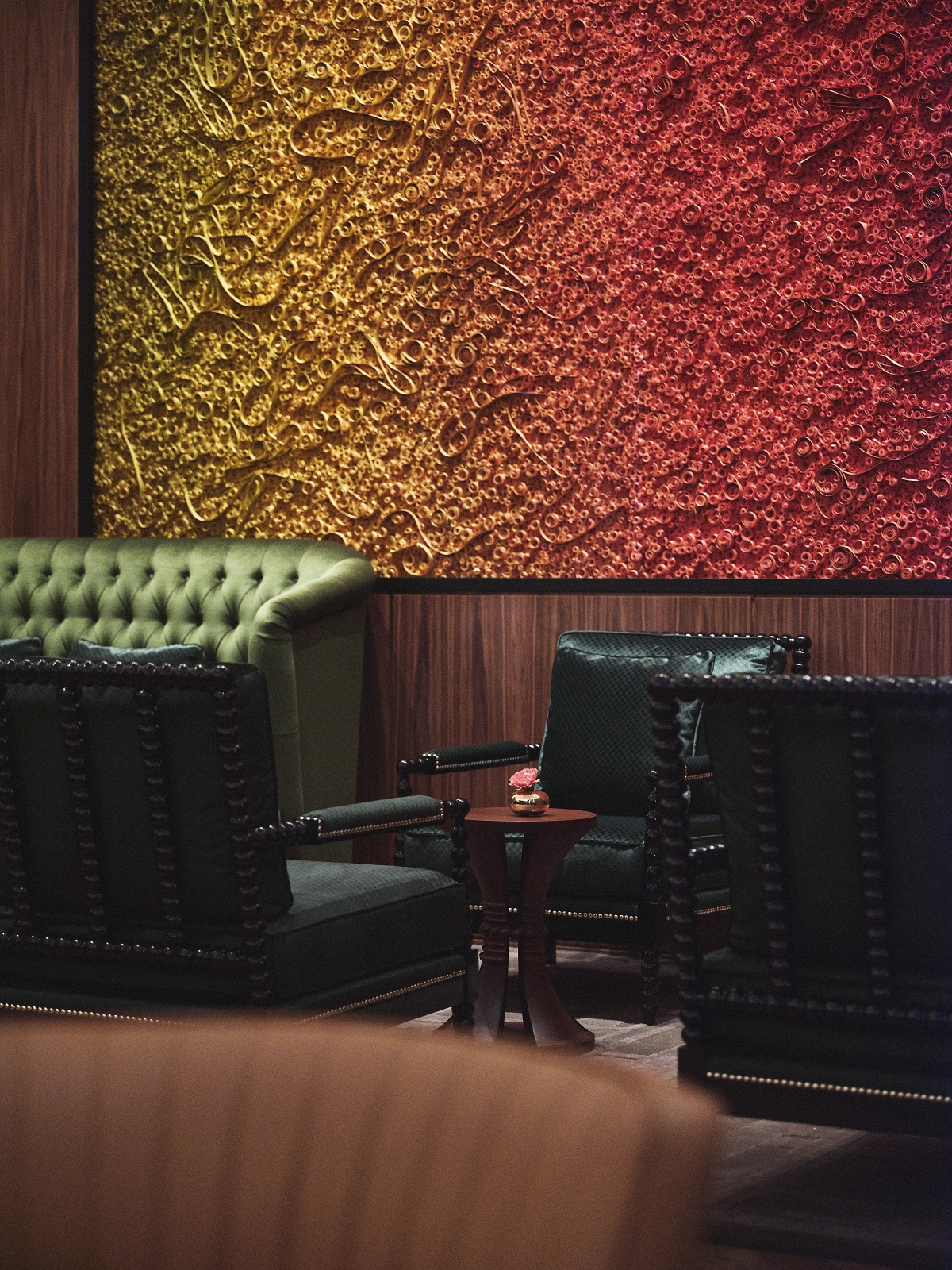 seating in Nine Elms Bar in Park Hyatt London with art behind