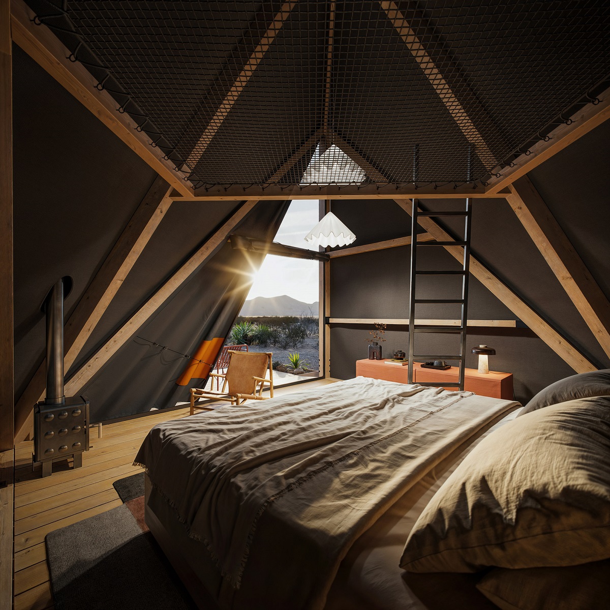 interior of softshell tent designed by BIG and Nokken with beds and ceiling net