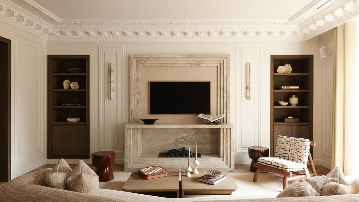curved couch facing period fireplace in Parisian apartment decorated in neutral tones