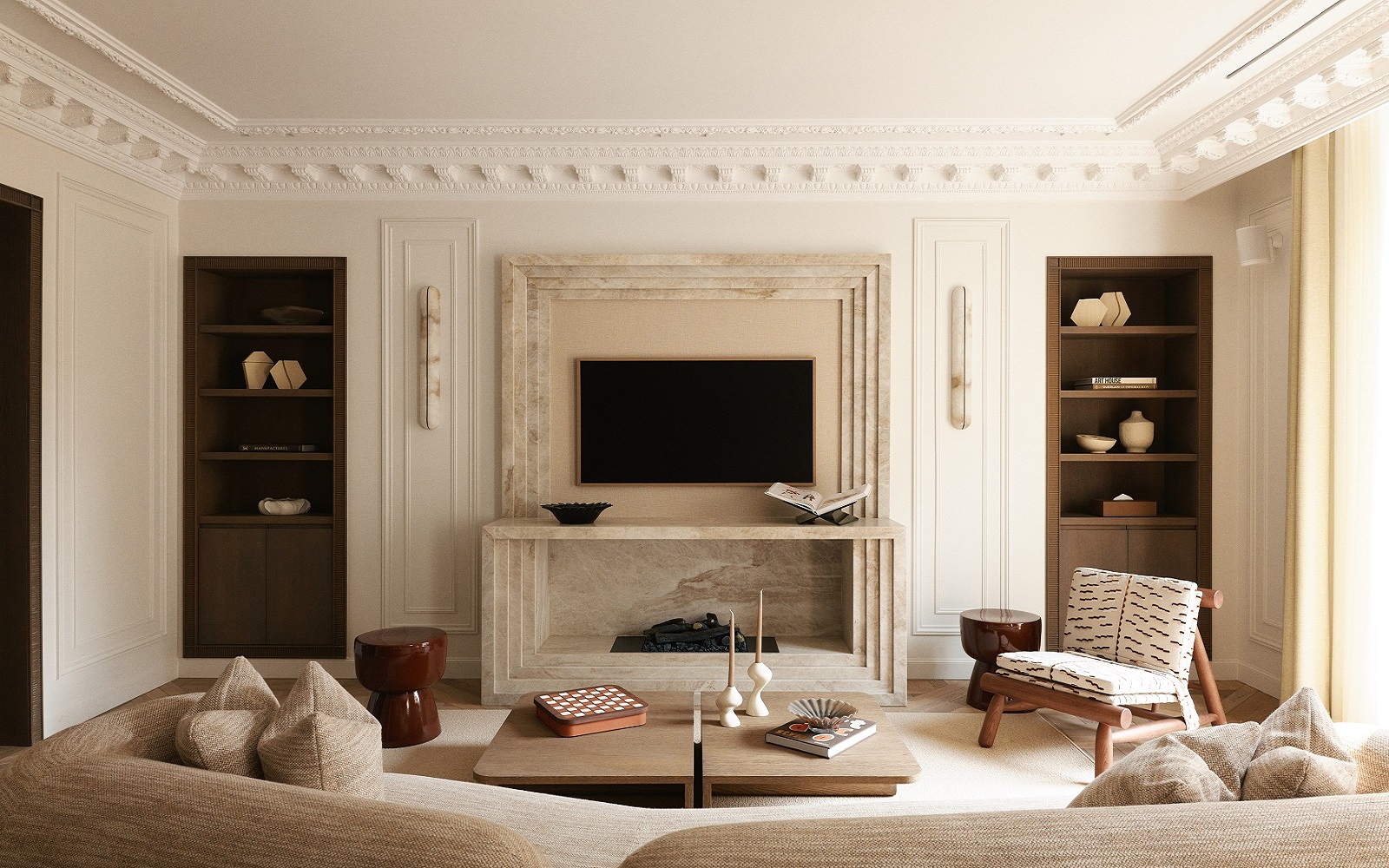 curved couch facing period fireplace in Parisian apartment decorated in neutral tones