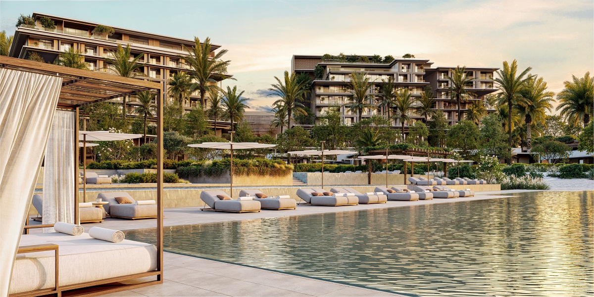 render of pool and cabanas Rosewood Dubai