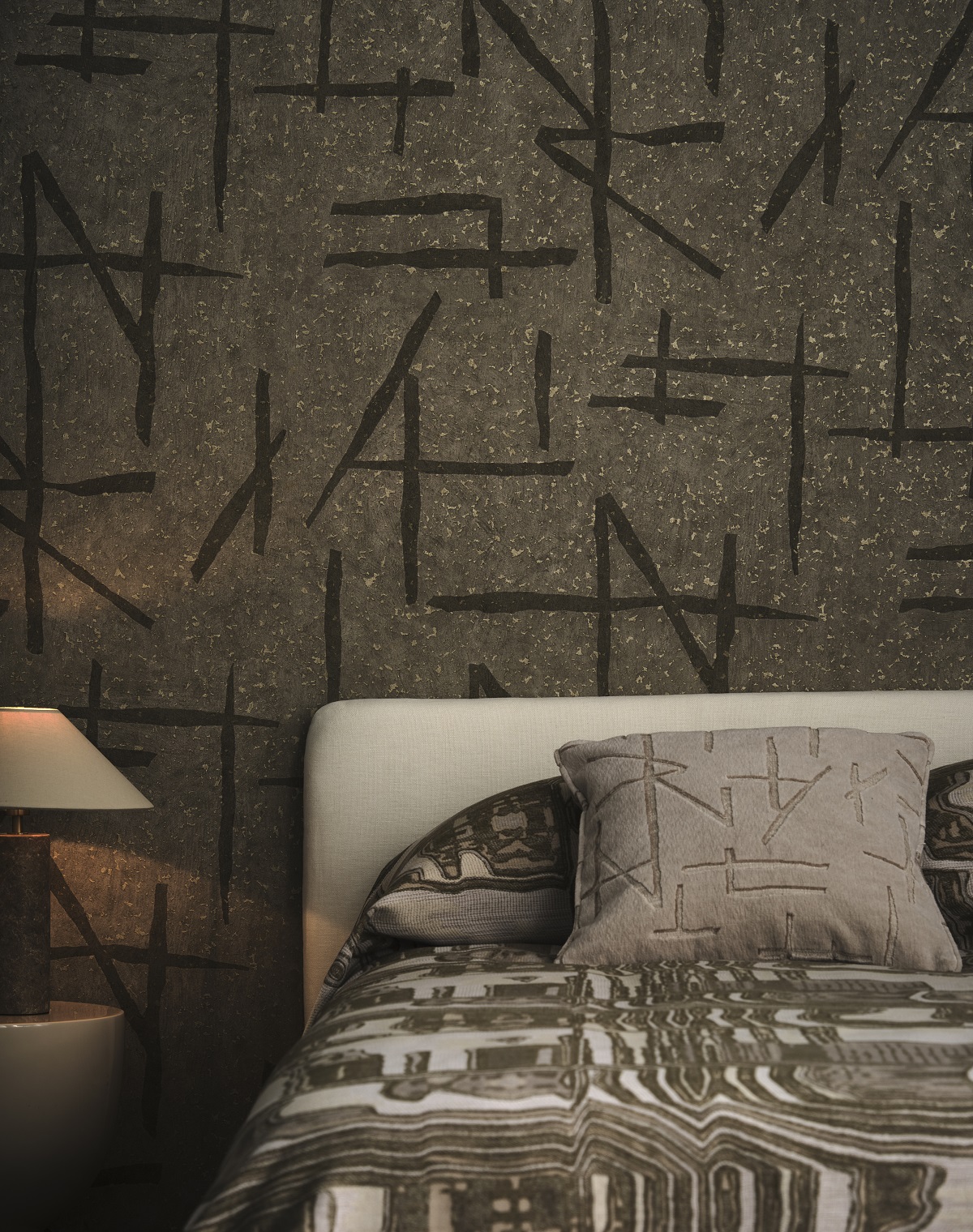 Defined Momentum SW25 collection from Harlequin on the cushion and the wallpaper behind the bed