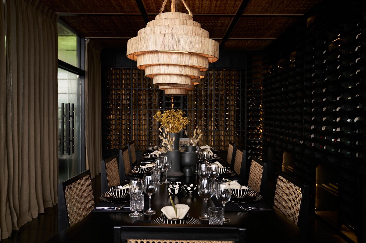 dark walls and handwoven lighting in the cellar in Sri Lanka boutique hotel