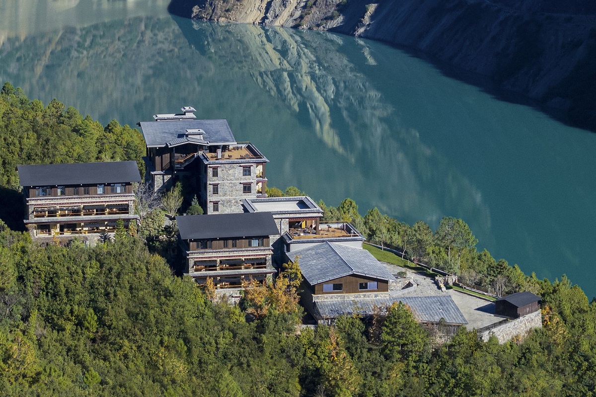 aerial view of Songtsam Lodge Cizhong, river and mountains