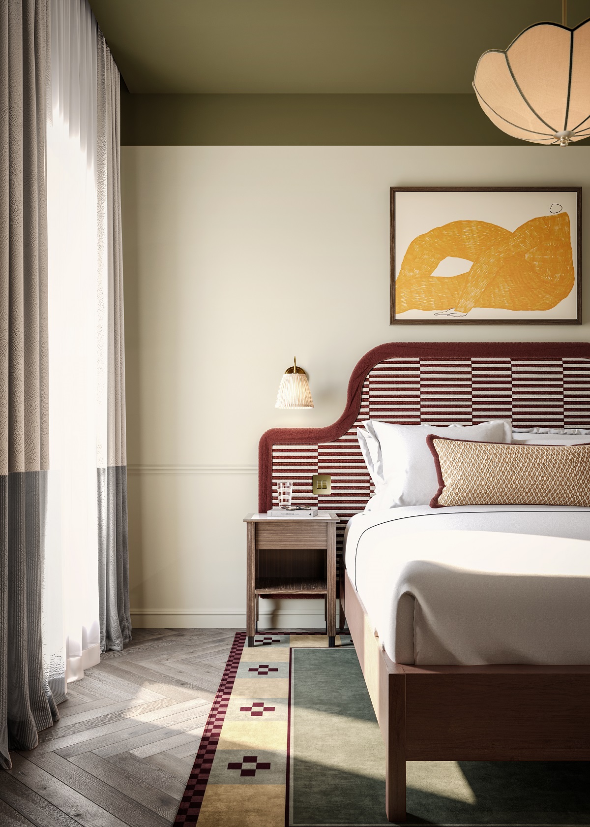 detail of bedroom design with green ceiling and cream walls in The Hoxton dublin