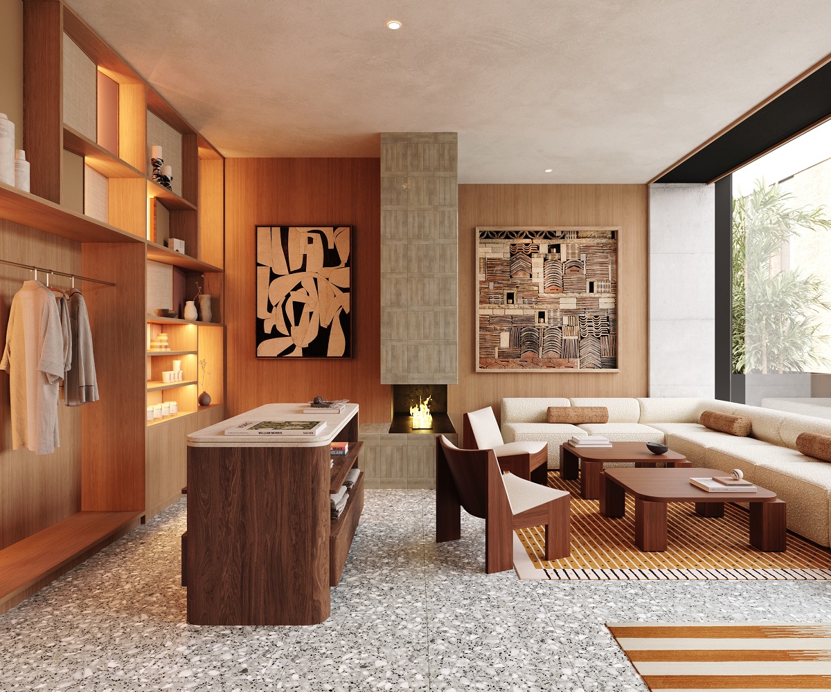 Aethos London lobby and shop space with wood and natural surfaces and textures by Astet Studio