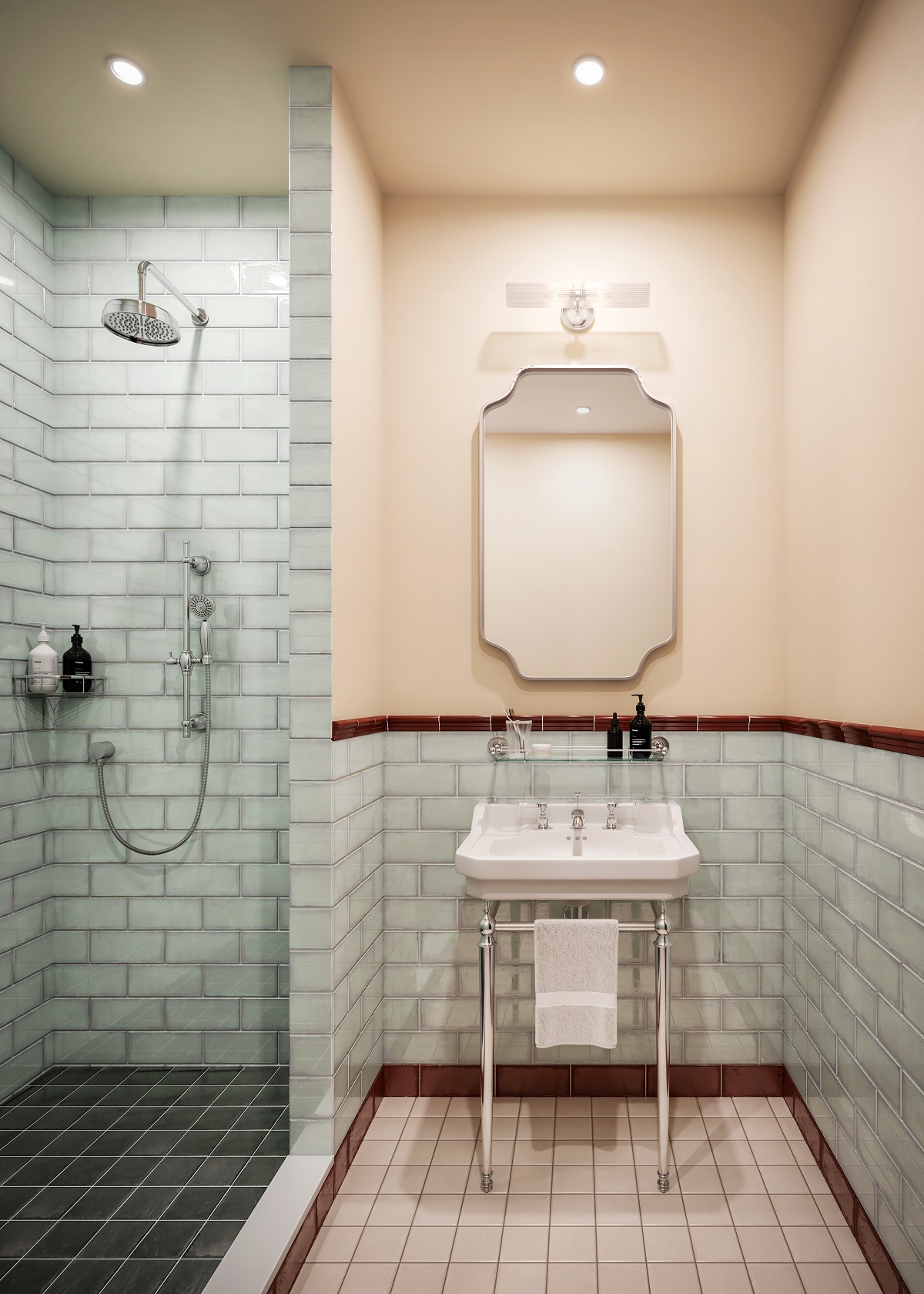 The Hoxton dublin bathroom detail with white metro tiles , a dark red stripe and vintage style mirror