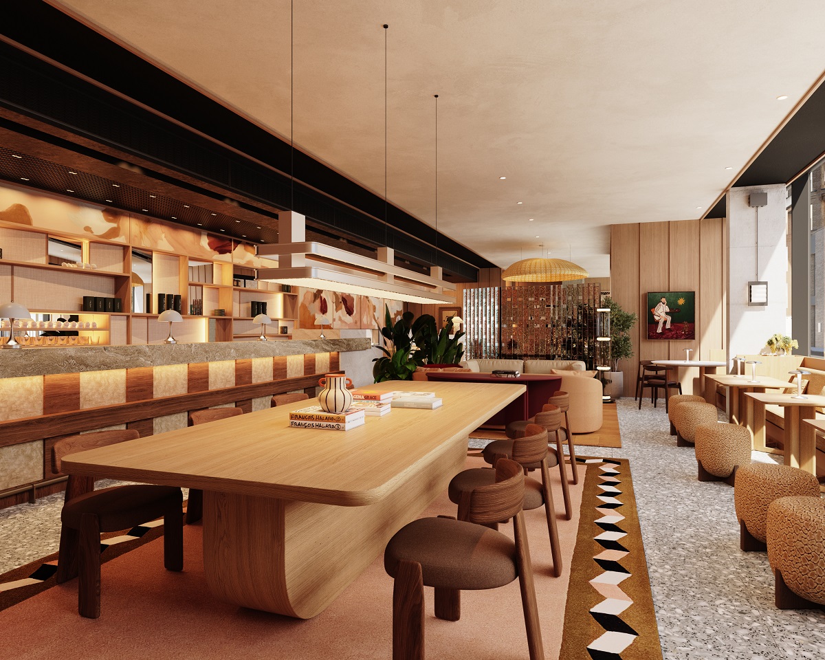 long wooden communal dining table in hotel restaurant