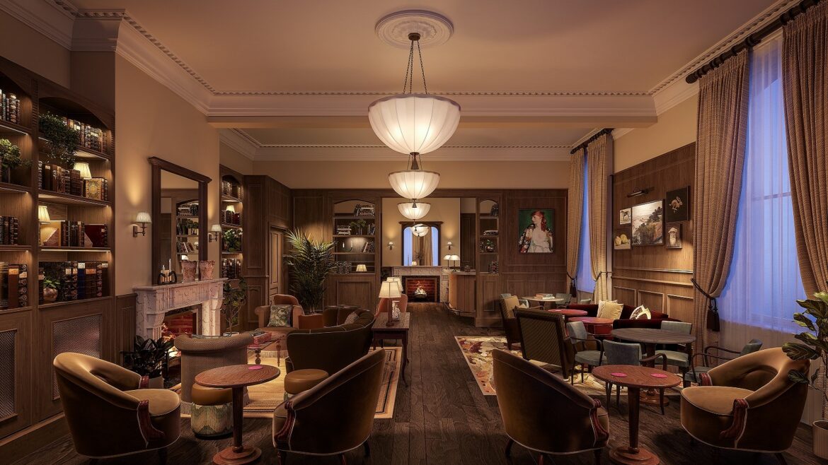 seating around a central fireplace in The Hoxton Library Dublin